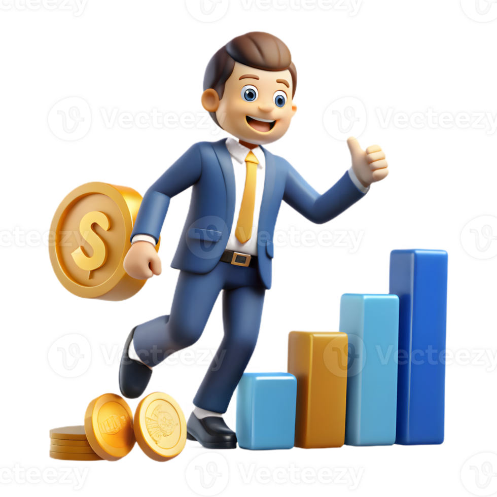 Cartoon Businessman Climbing Bar Graph With Golden Coins on Transparent Background png