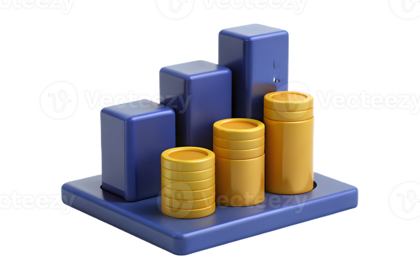 3D Graph with Blue Cubes and Golden Coins on a Blue Platform with Transparent Background png