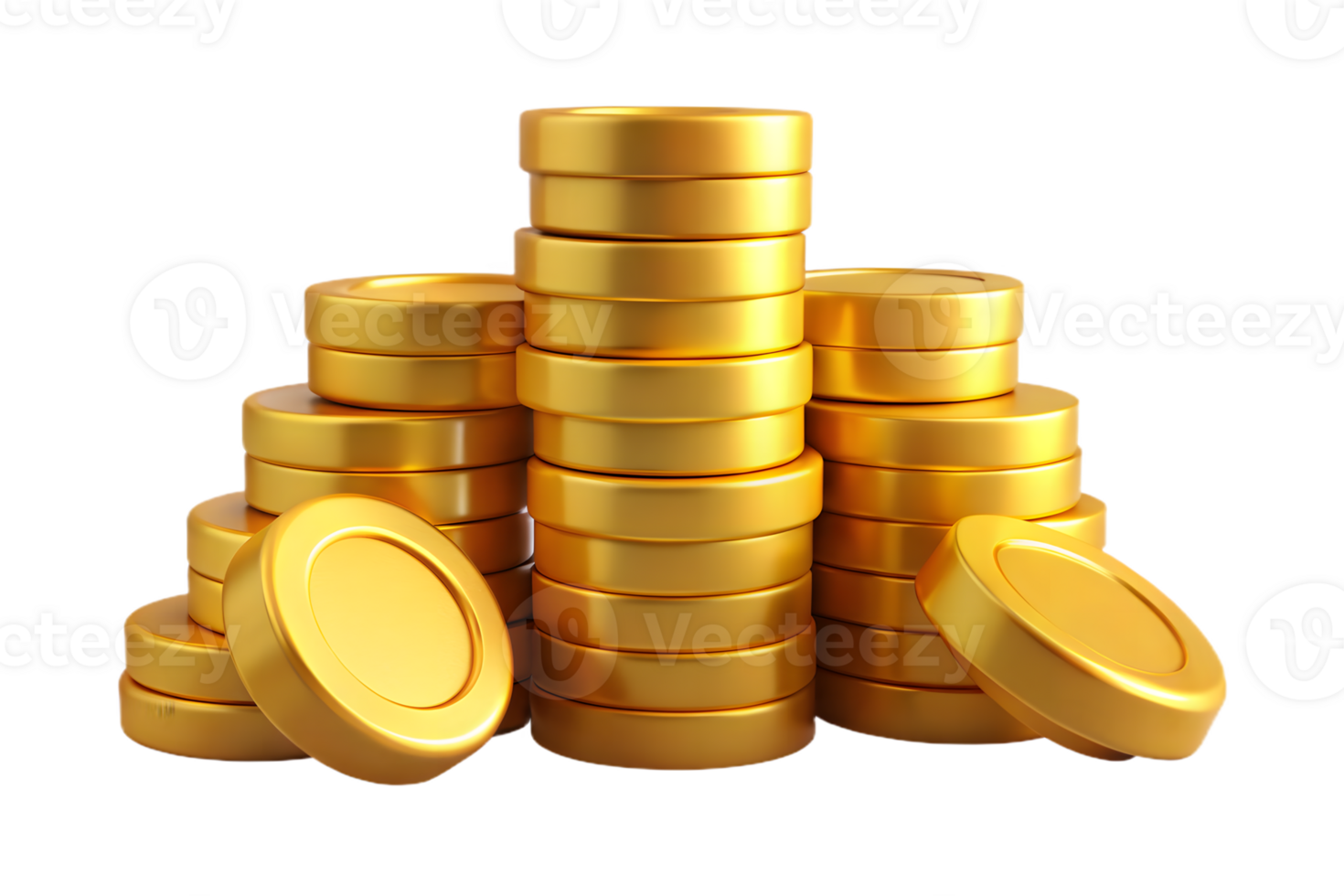Shiny Golden Coins Stacks 3D Rendering Isolated on Transparent Background png