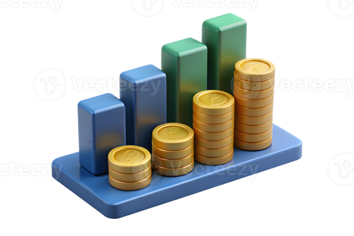 Growth Bar Graph with Golden Coin Stacks on Blue Base Transparent Background png