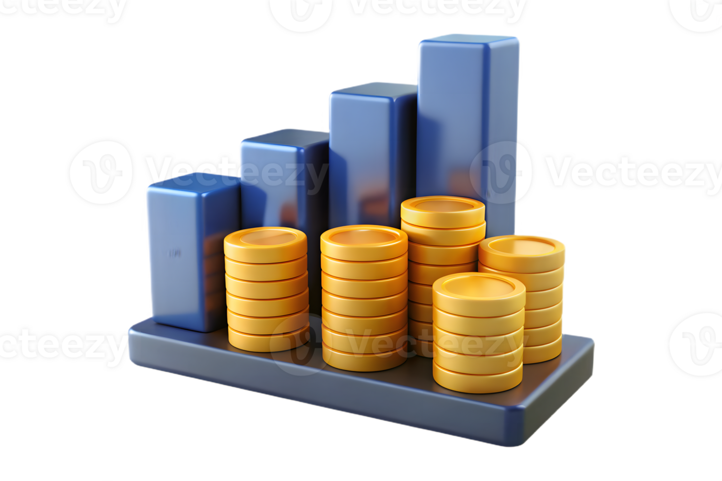 3D Golden Coins Stacks and Blue Bar Graph on a Blue Base With Transparent Background png