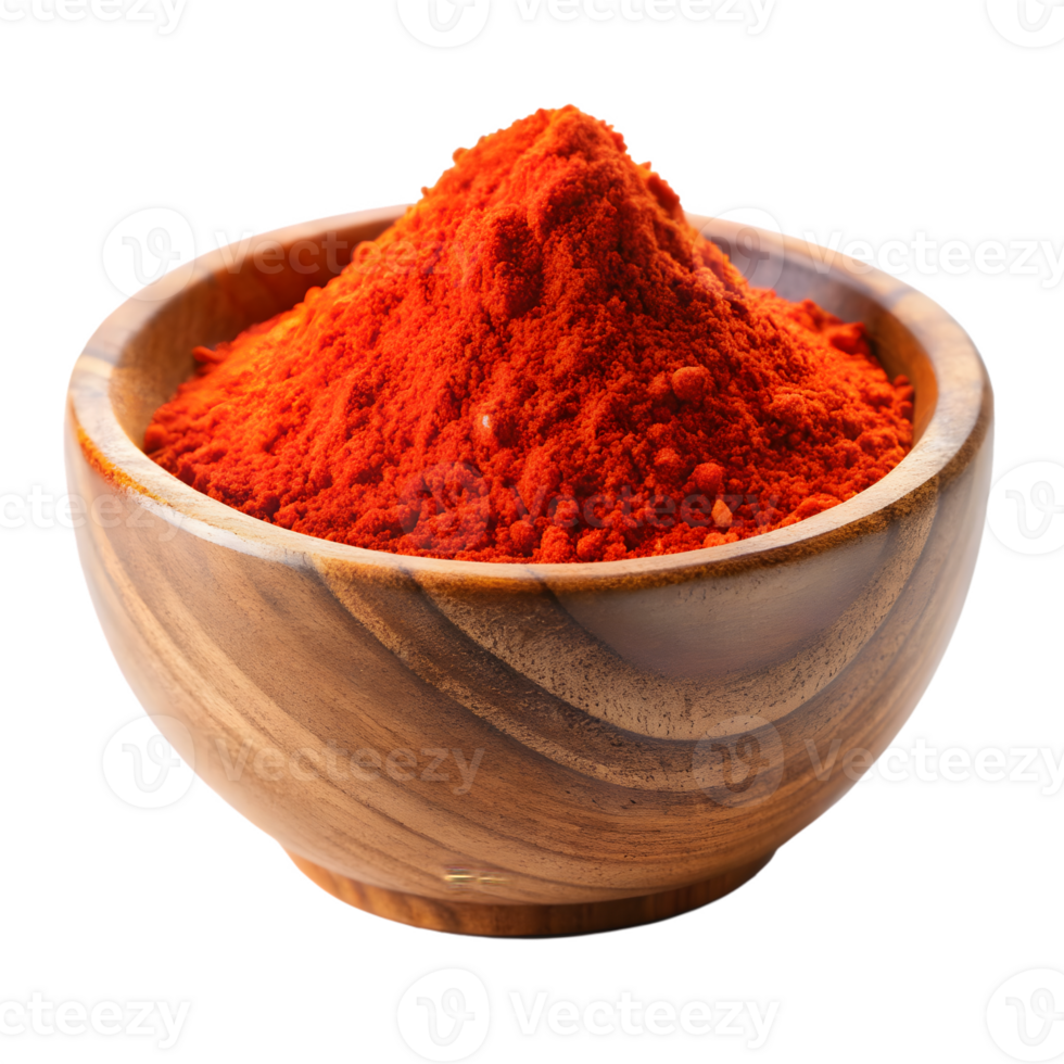 Red Hot Chili Powder in Wood Bowl on Transparent Background for Cooking png