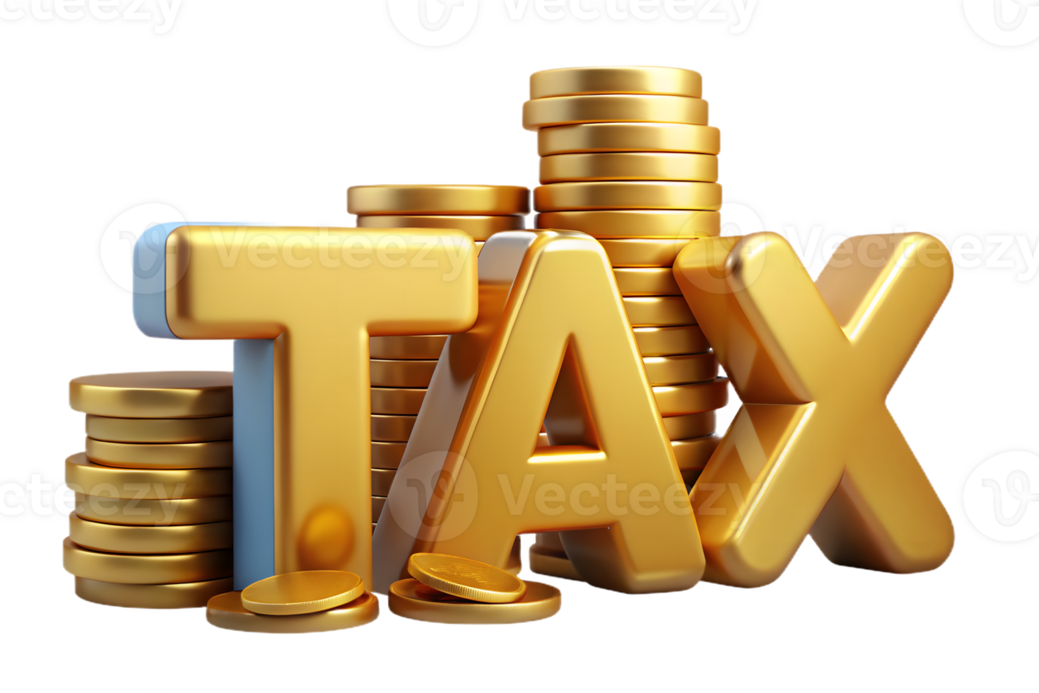 Glossy Golden TAX Letters with Coin Stacks on Transparent Background Finance Concept png