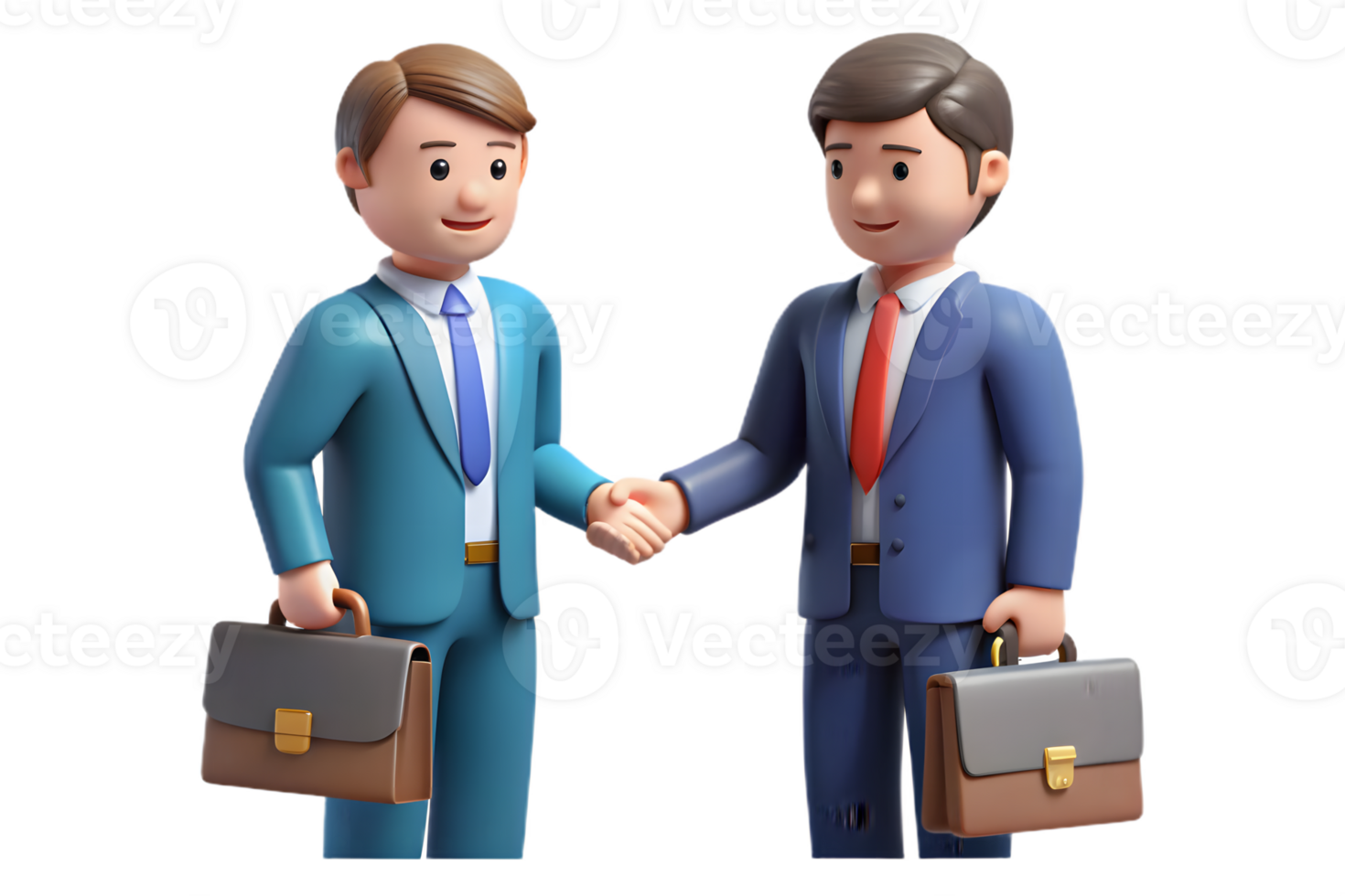 Two 3D Businessman Characters Shaking Hands in Suits Holding Briefcases Transparent png
