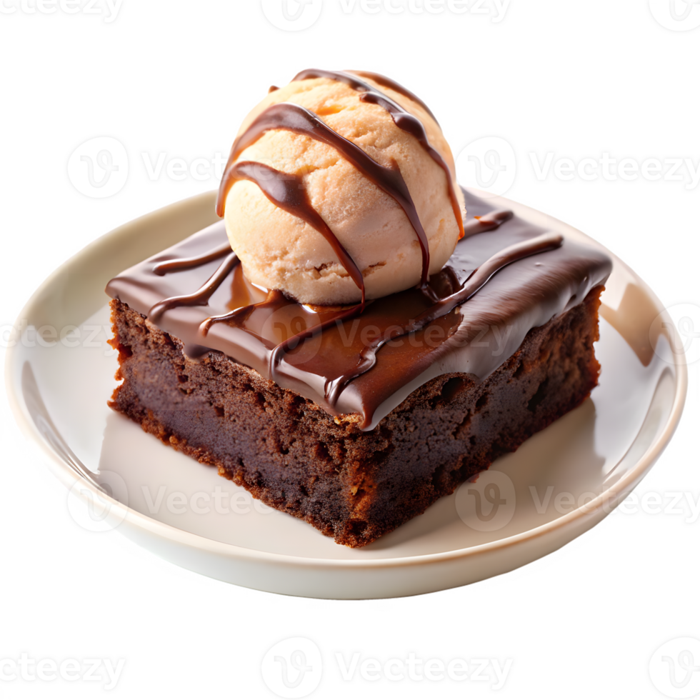 Delicious Chocolate Brownie with Ice Cream on a Plate against Transparent Background png