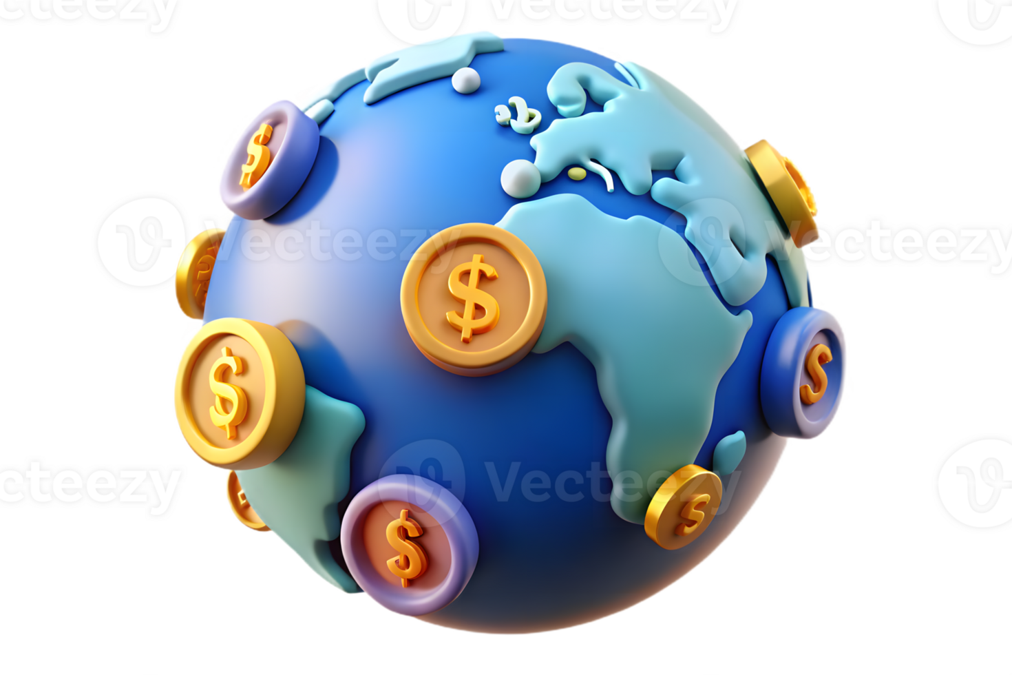 Cartoon Earth with Gold Dollar Coins Floating Around, 3D Design, Transparent BG png
