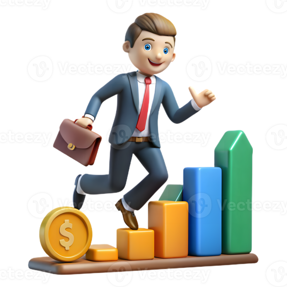Happy Cartoon Businessman Running Up Colorful Bar Chart with Transparent Background png