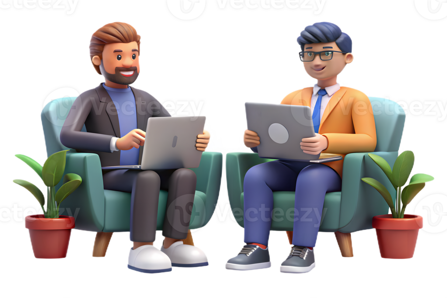 3D Rendering of Two Men Using Laptops Sitting in Armchairs on Transparent BG png