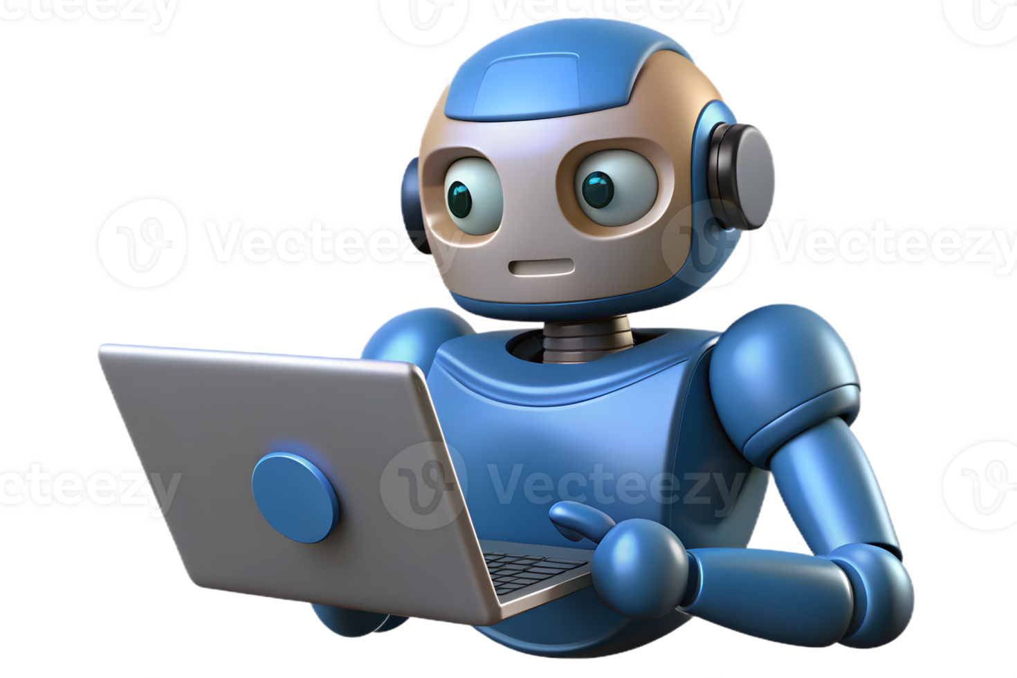 3D Blue Robot Cartoon Character Holding Laptop with Transparent Background png