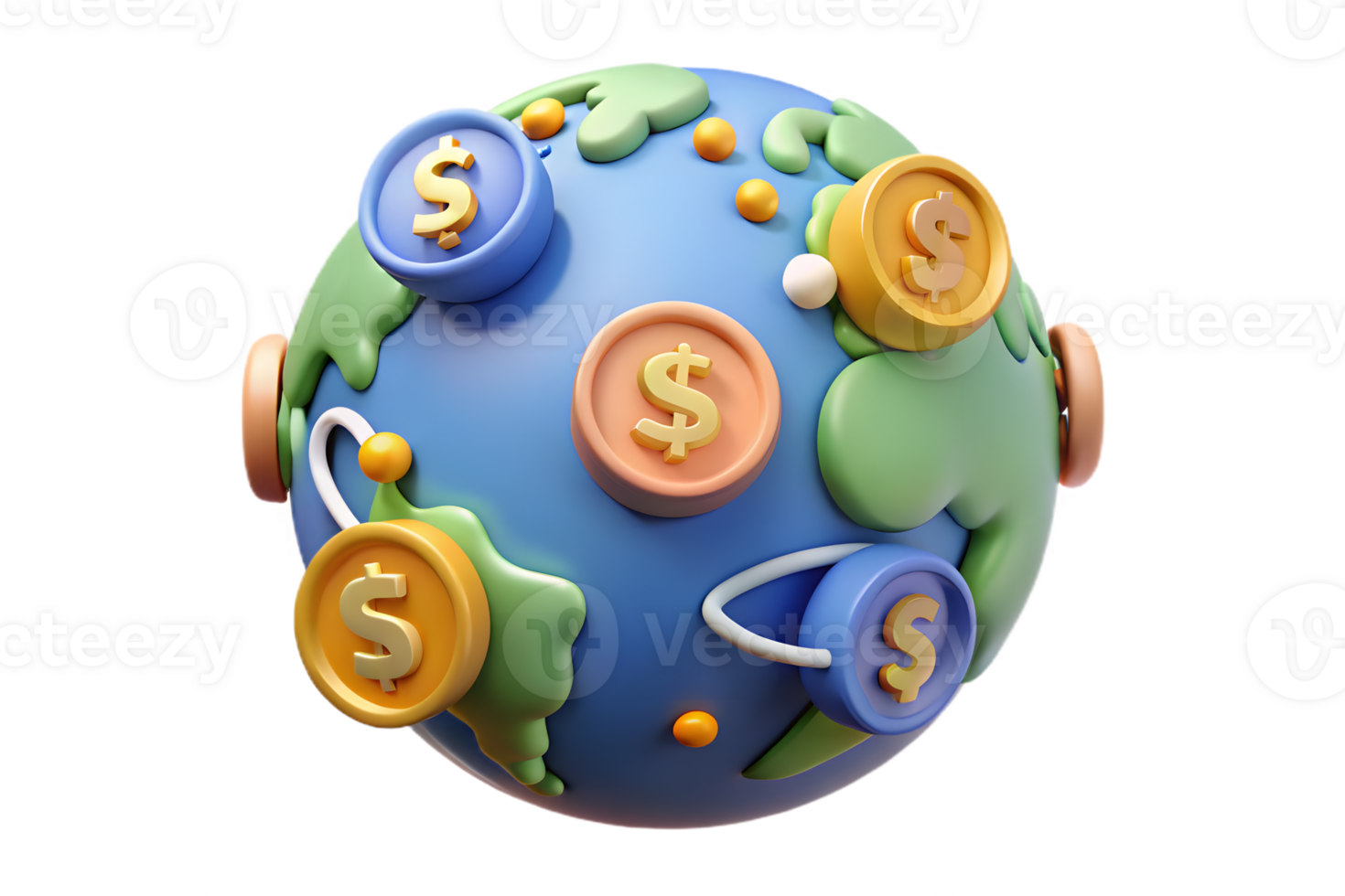 Cartoon Earth Globe with Coins and Arcs Design on Transparent Background png
