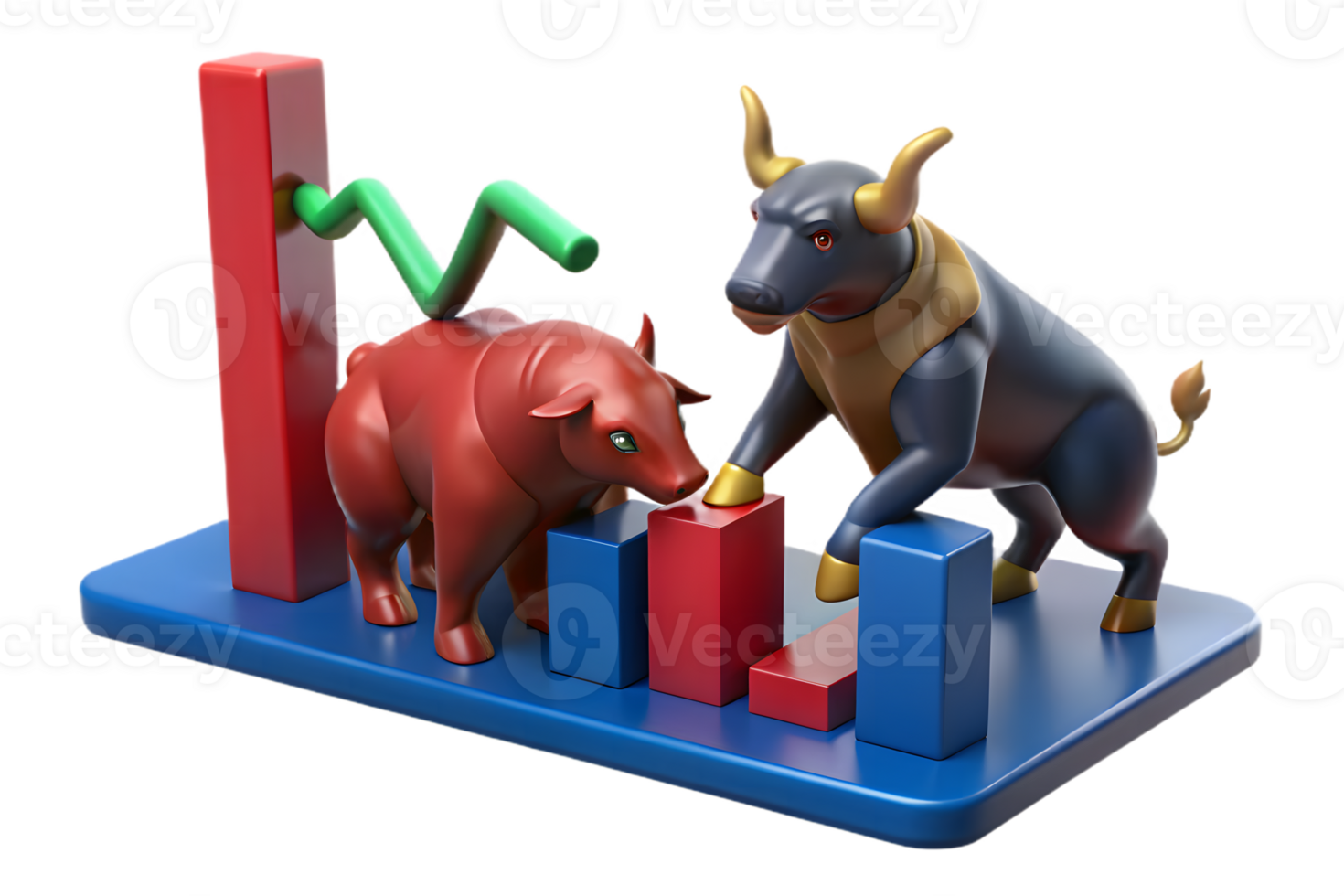 3D Bull and Bear Figures with Colorful Bar Graph on a Blue Platform, Finance Theme png