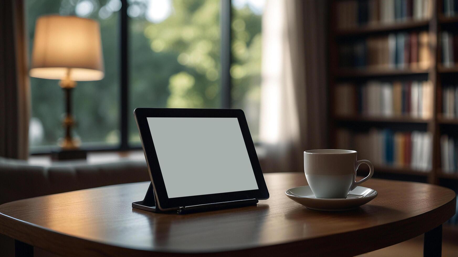 tablet on table with cup of coffee and book on the table photo