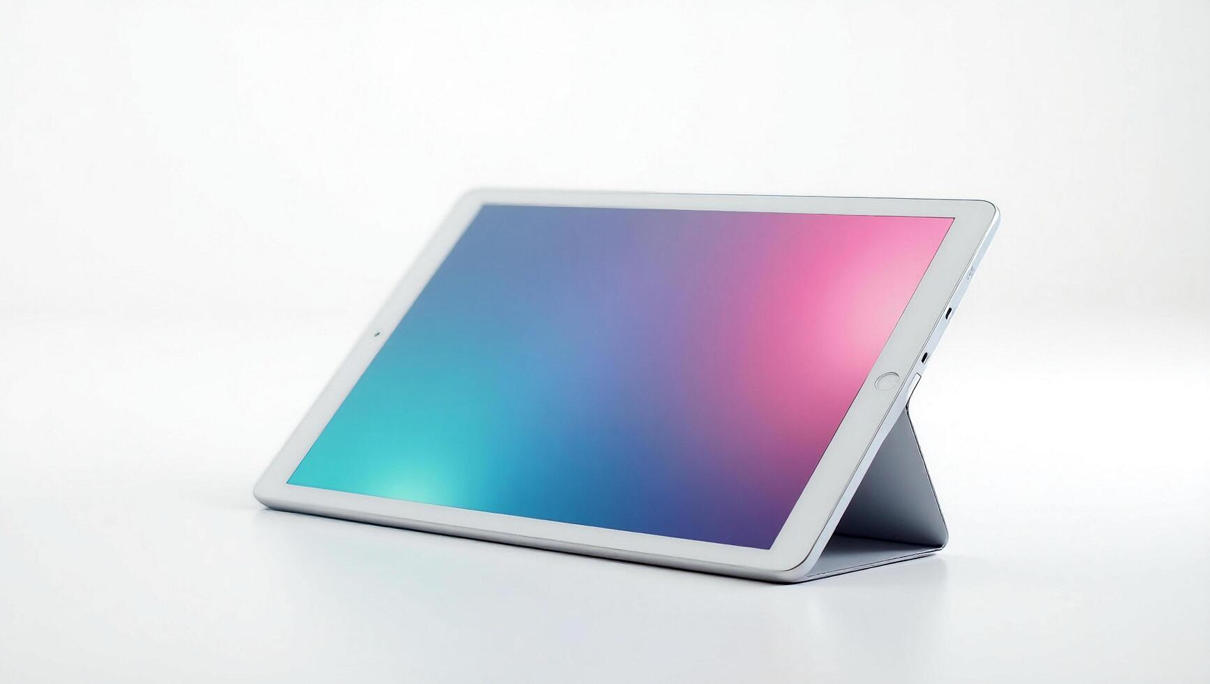 an ipad with a colorful screen sitting on a white surface photo