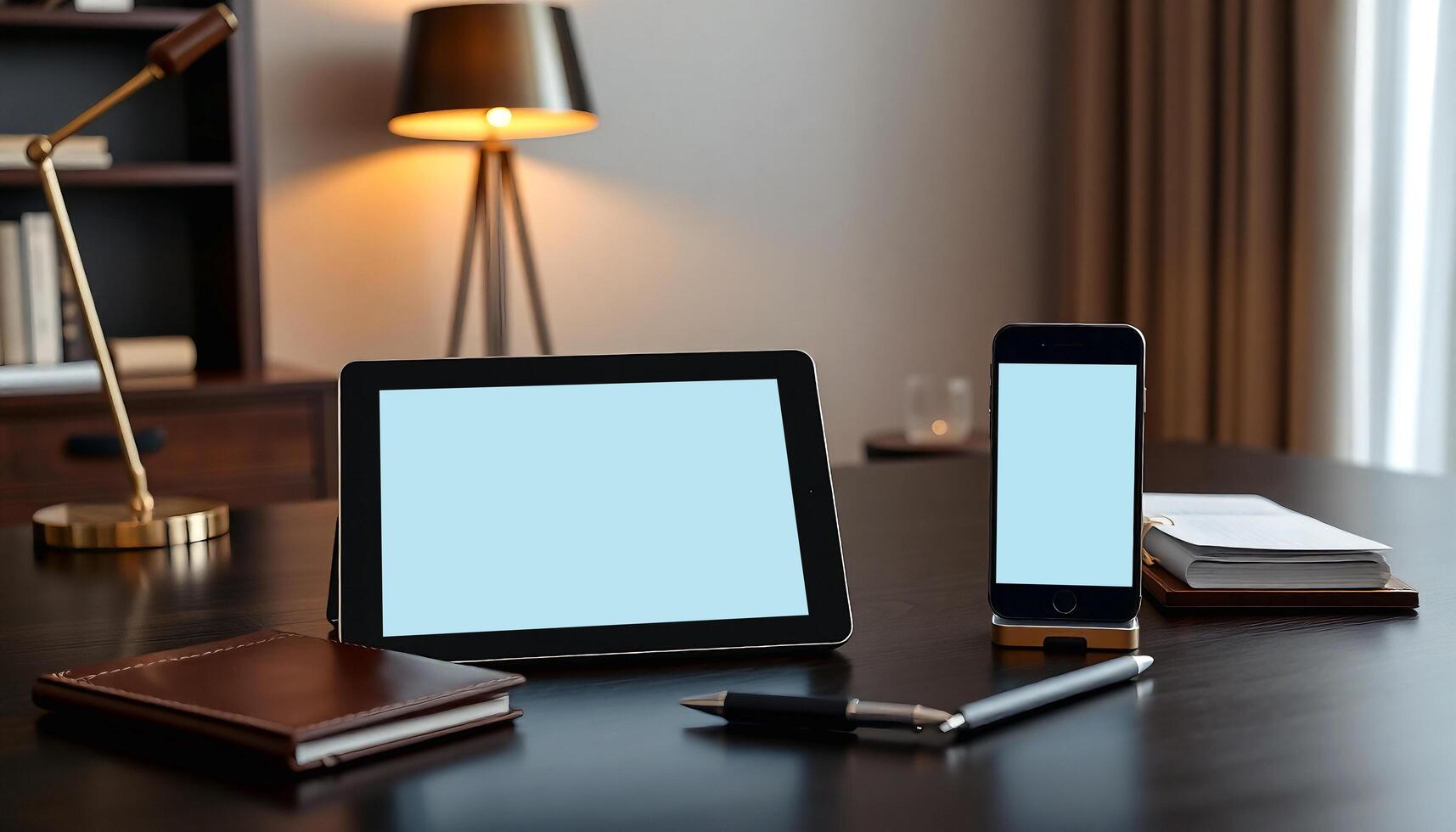 tablet and smartphone on a desk with a lamp photo