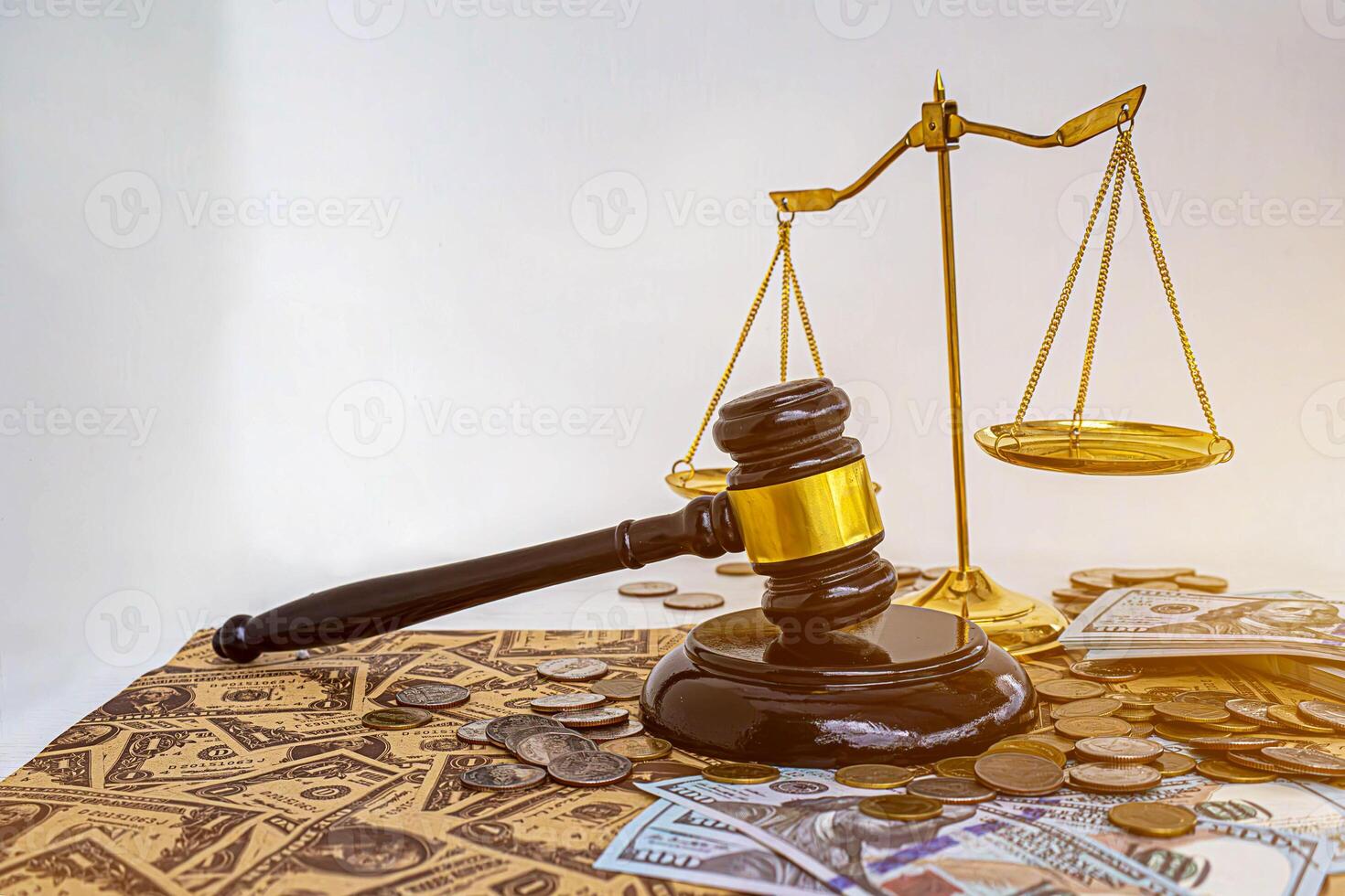 Investigate investment finance management to stop problem of drug money laundering with authority legal justice system. Stack money coin grow and gavel stop with strategy, white background photo