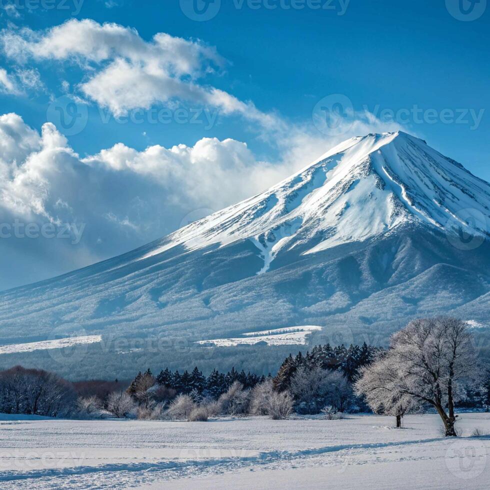 Mount fuji in winter with snow and clouds photo