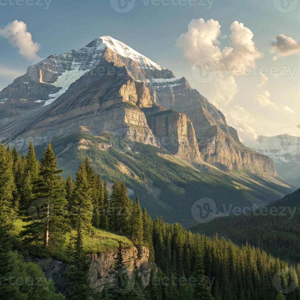 Mountains and trees in the mountains with a sun setting photo