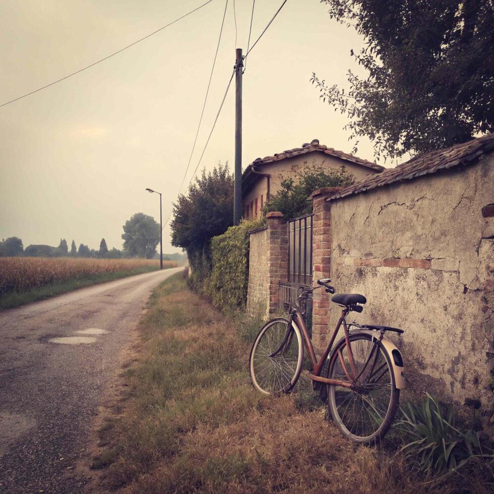 A bike leaning against a wall photo