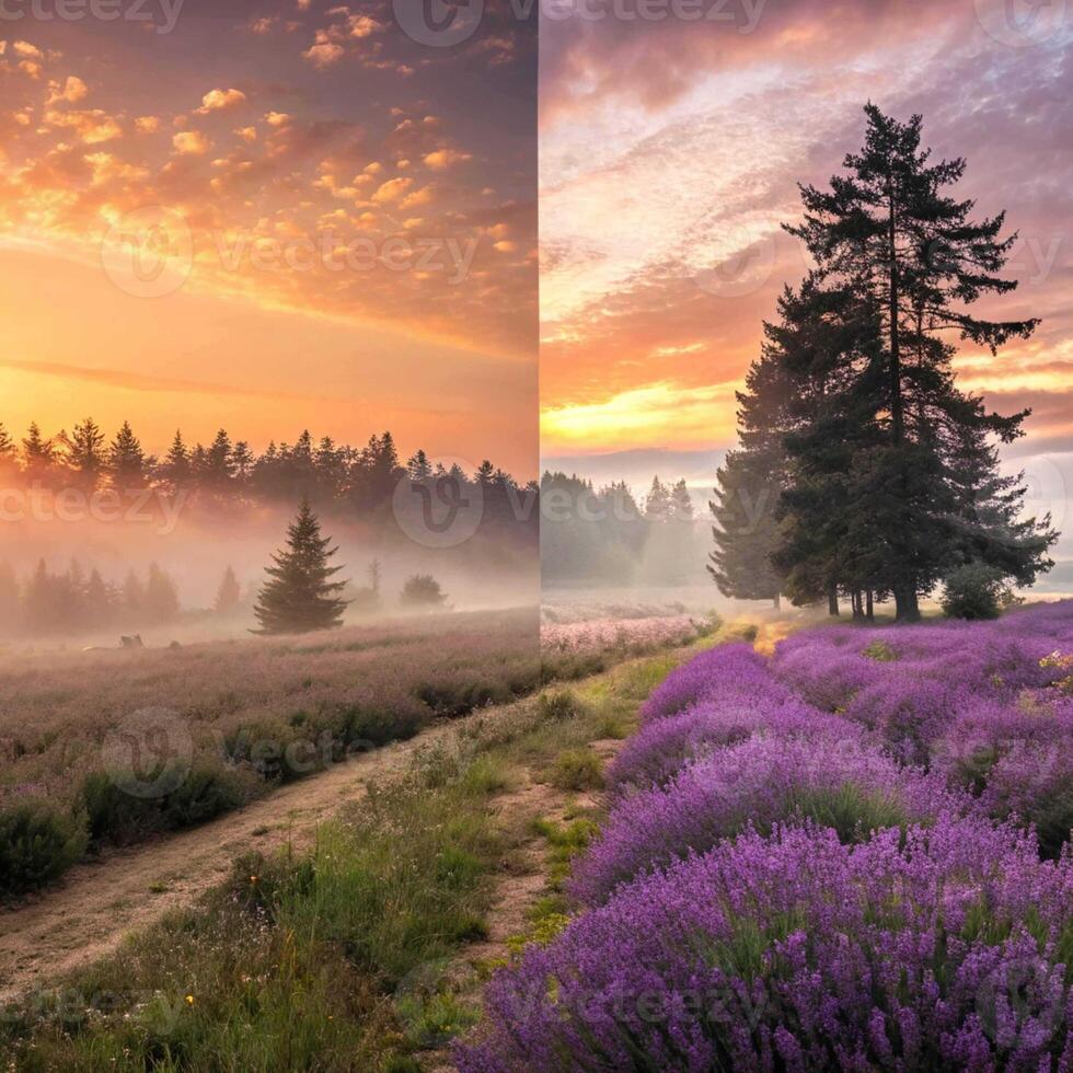 Lavender Fields at Sunset with Misty Forest and Vibrant Sky photo