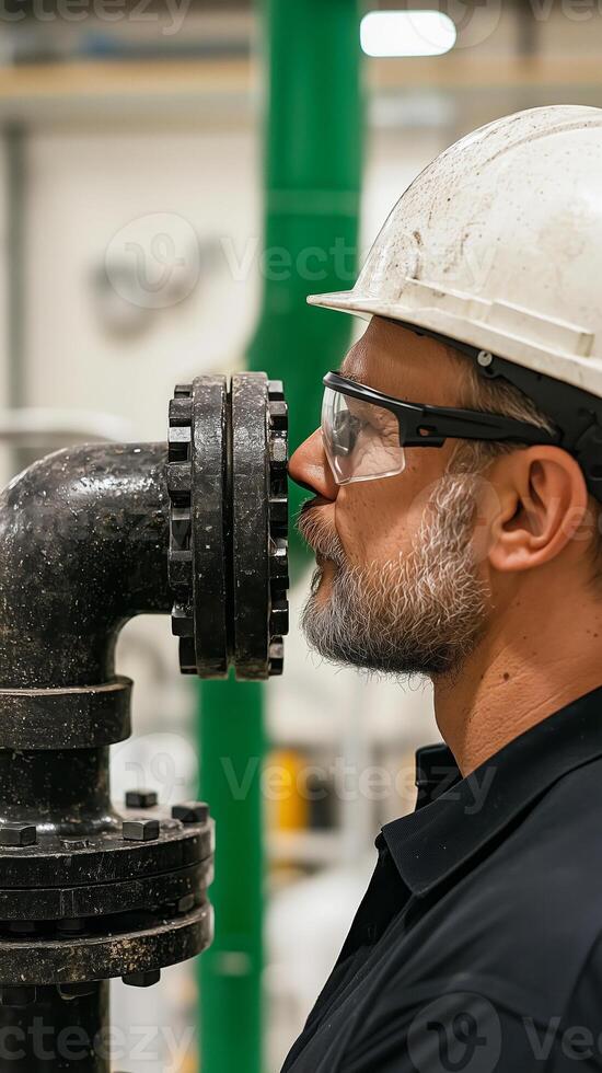 Worker Inspecting Industrial Pipe photo