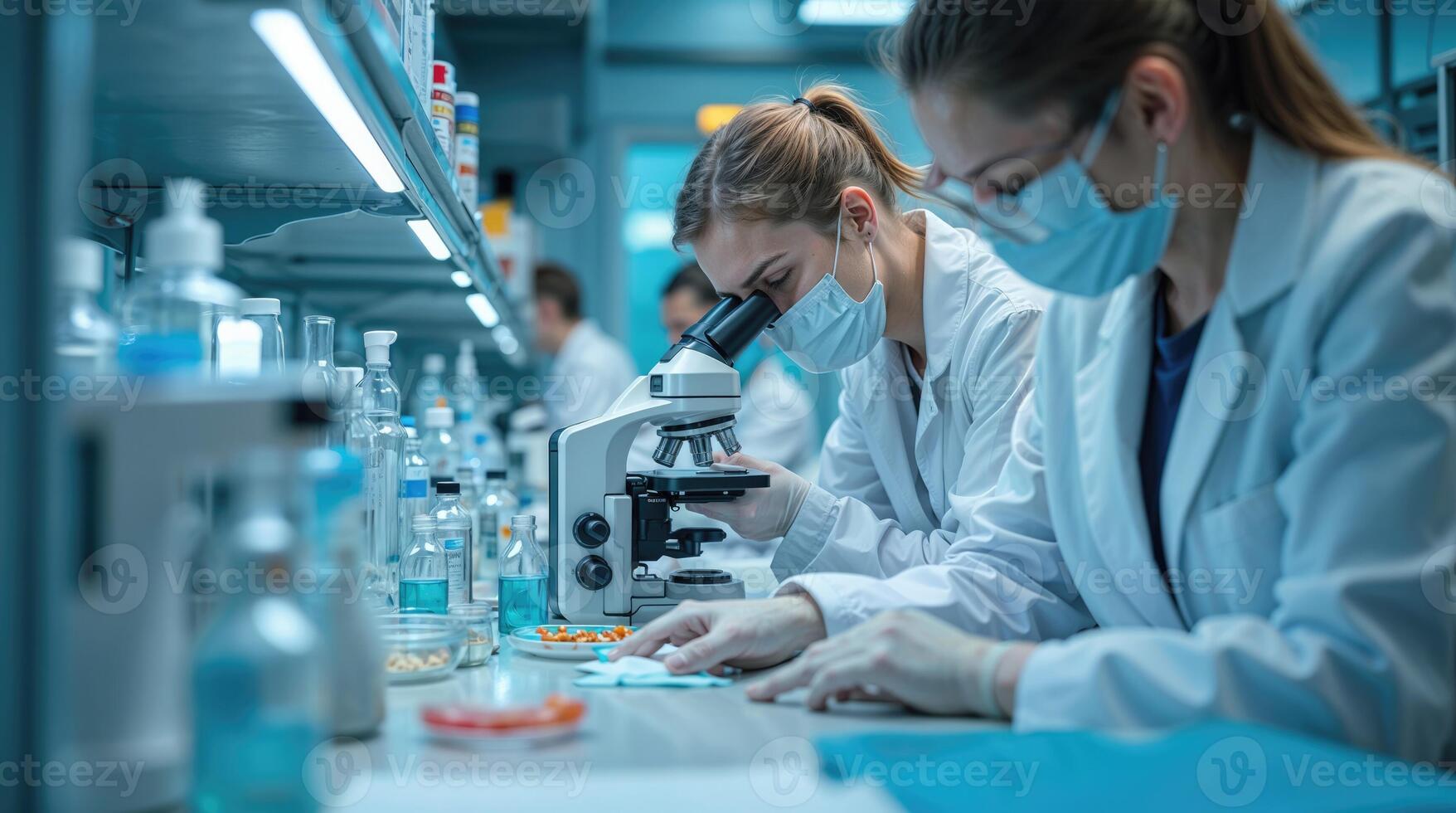 Two people in lab coats looking at something photo