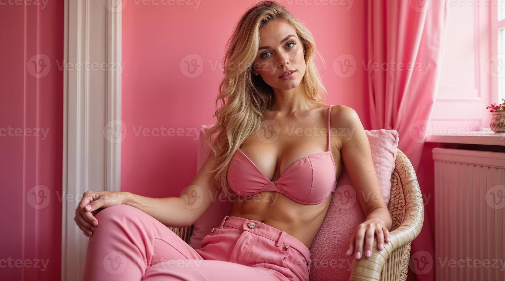 A woman in pink underwear sitting on a chair photo