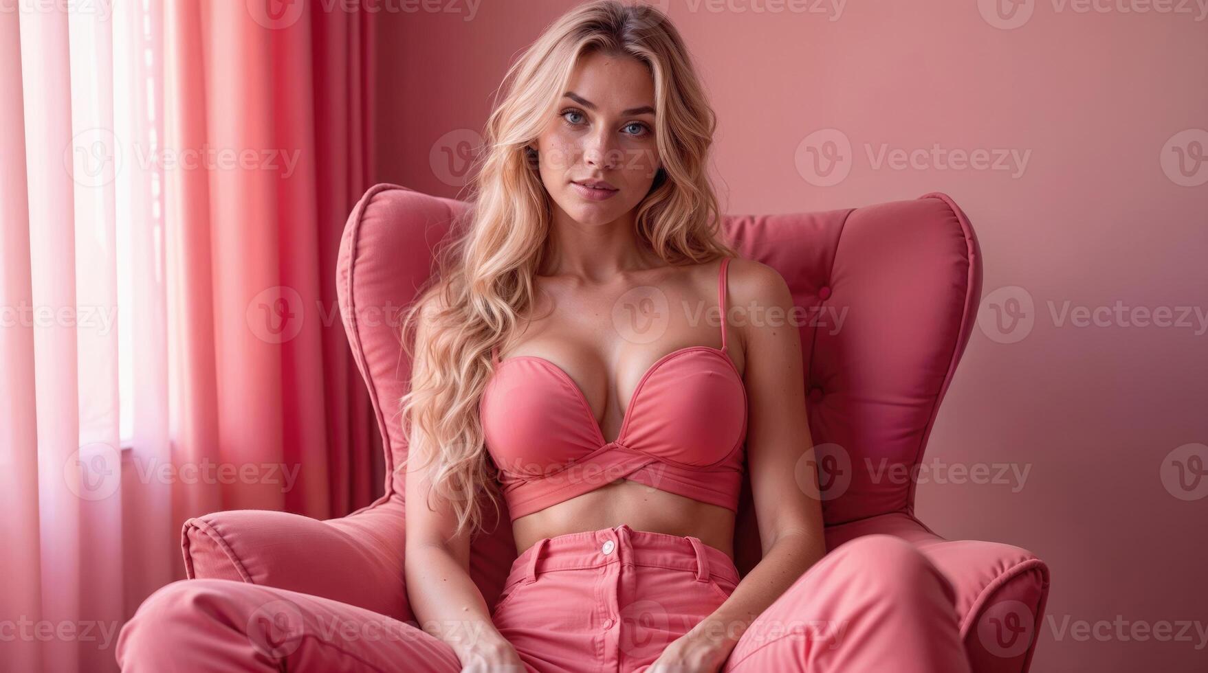 A beautiful blonde woman in a pink bra top sitting on a pink chair photo
