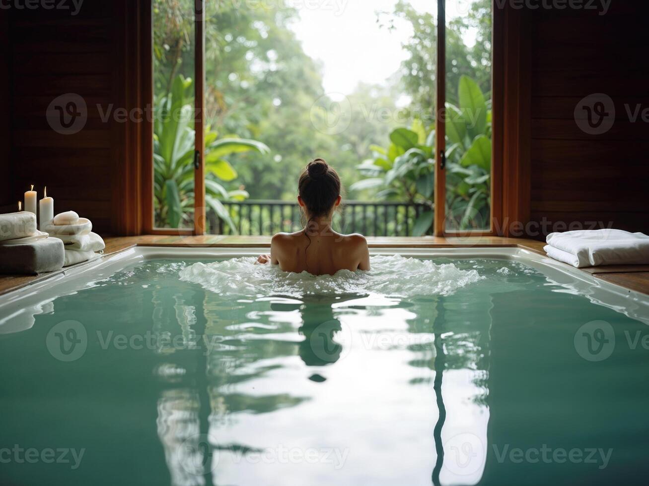 A woman is sitting in a large pool with a view of trees photo