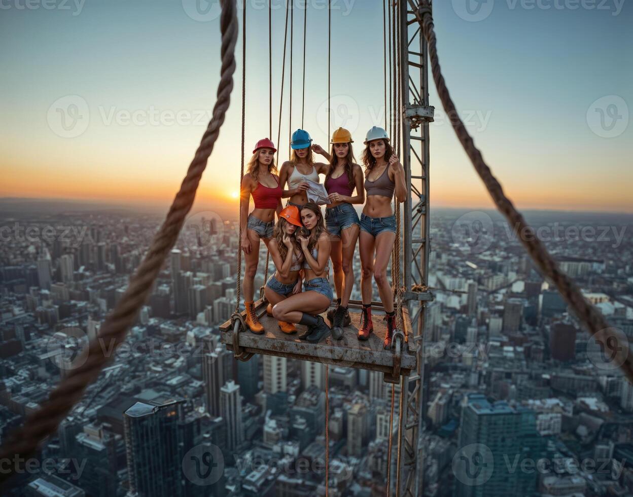 Four women in construction gear on top of a building photo