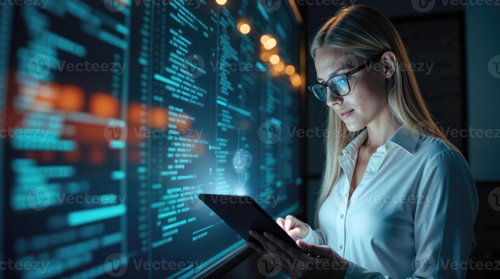 woman interacts with a tablet. displaying a futuristic digital interface with glowing code on a large screen. photo