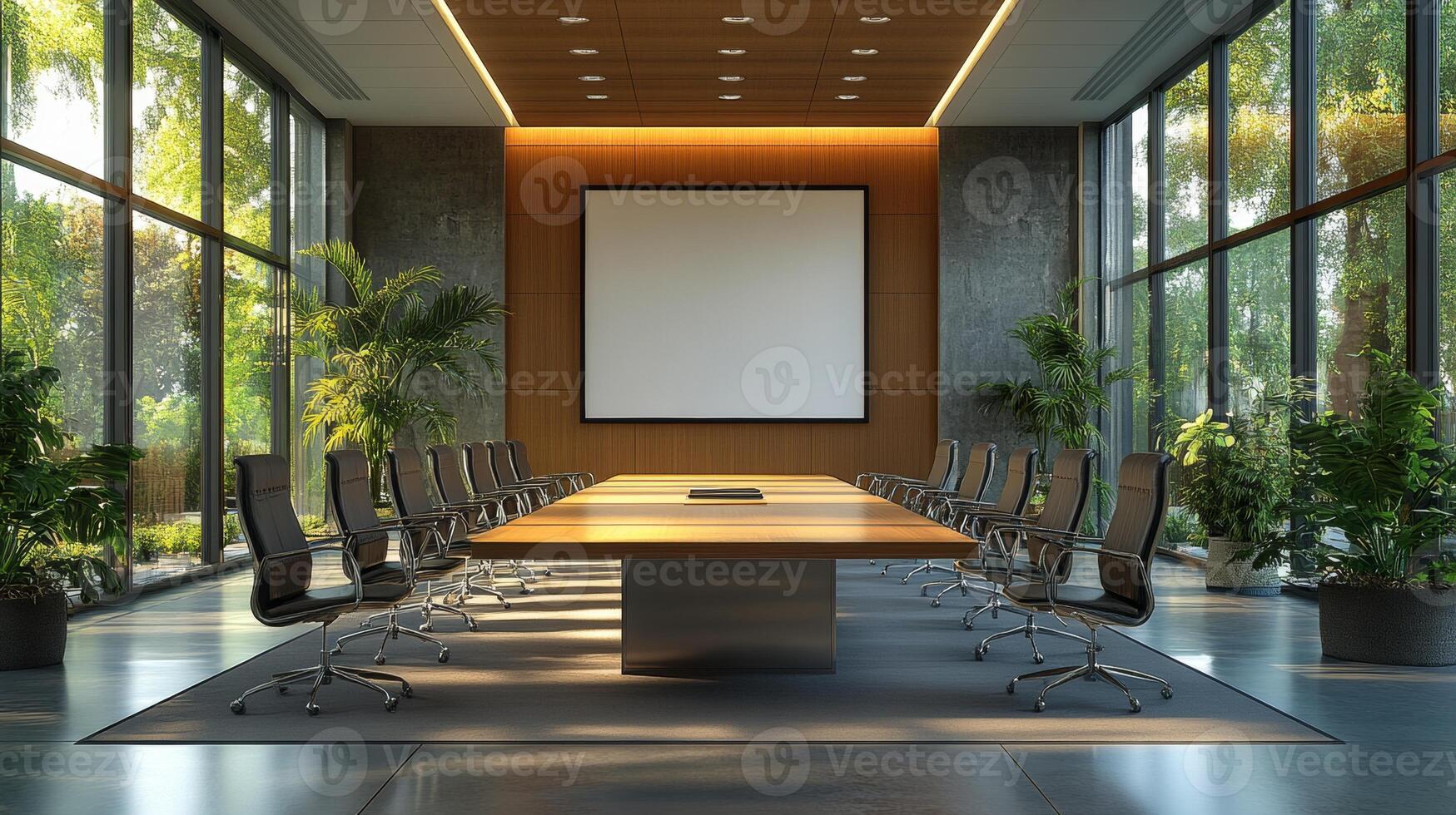 Modern Conference Room Design, Sunlit Interior with Large Windows and Minimalist Decor photo