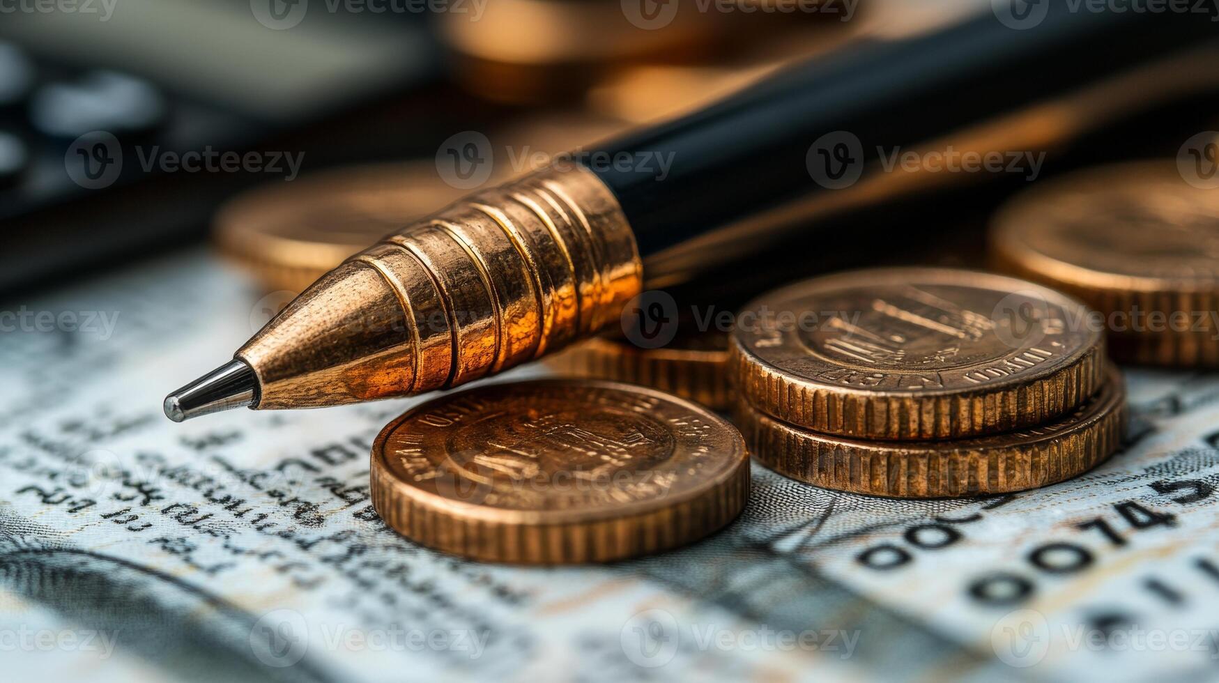 Financial Planning, A Close-Up View of Coins, a Pen, and Banknotes photo