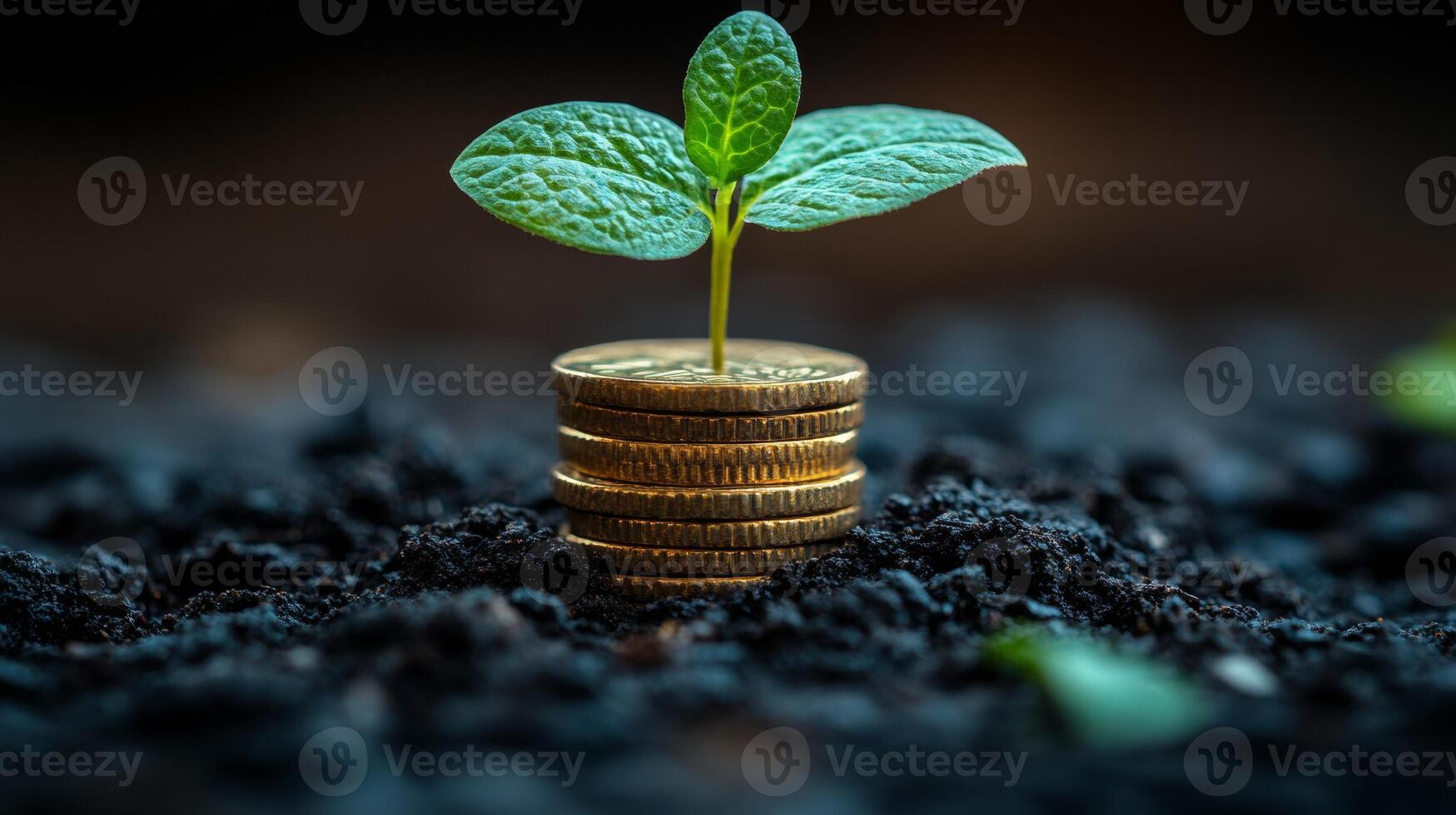 Plant Growing from Stack of Coins in Soil, Representing Financial Growth and Investment photo