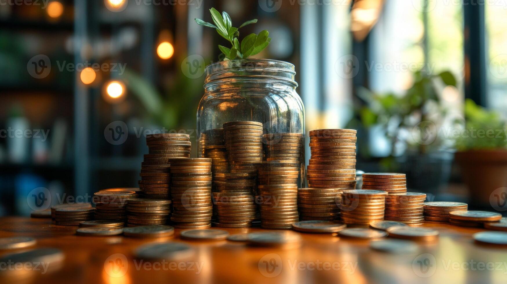 Financial Growth, Coins Stacked with a Plant in a Jar photo