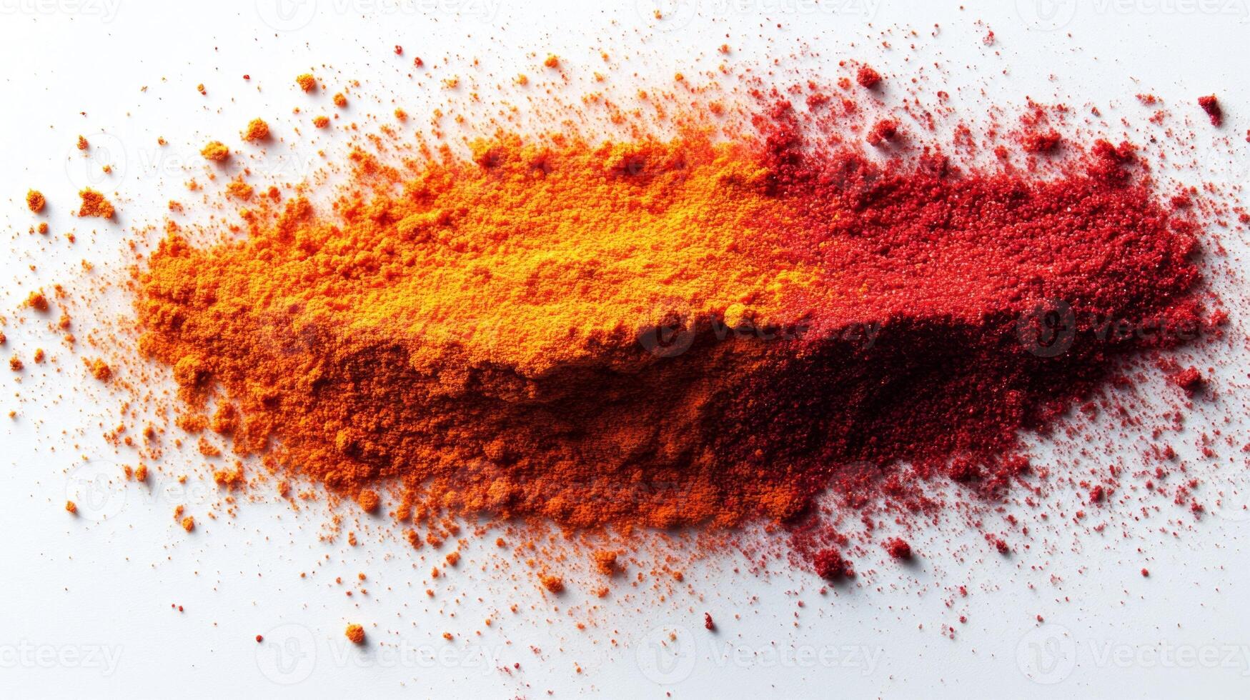 Vibrant Orange and Red Powder Spilled on White Background photo