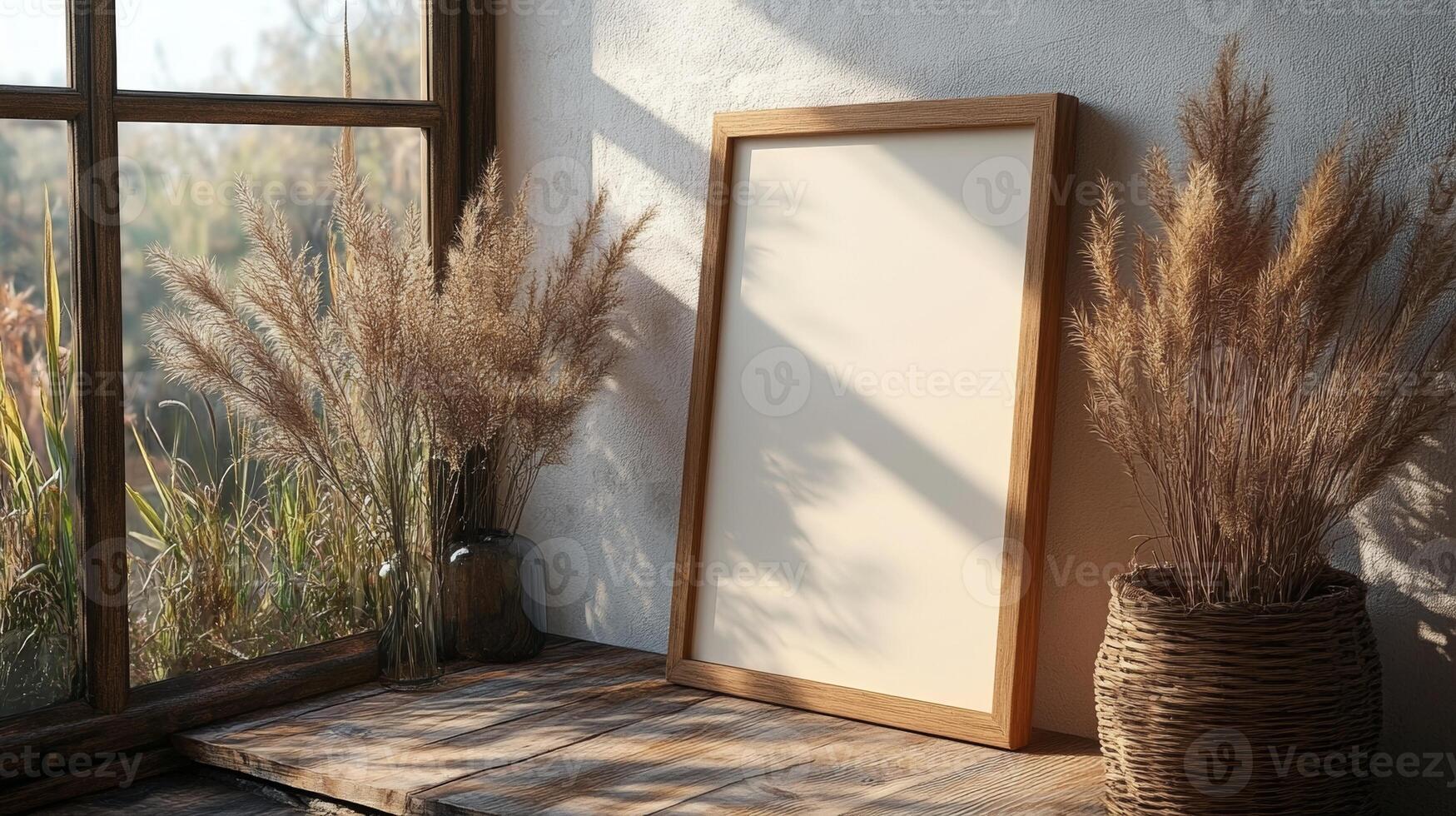 Sunlit Autumnal Still Life with Pampas Grass and Wooden Frame photo