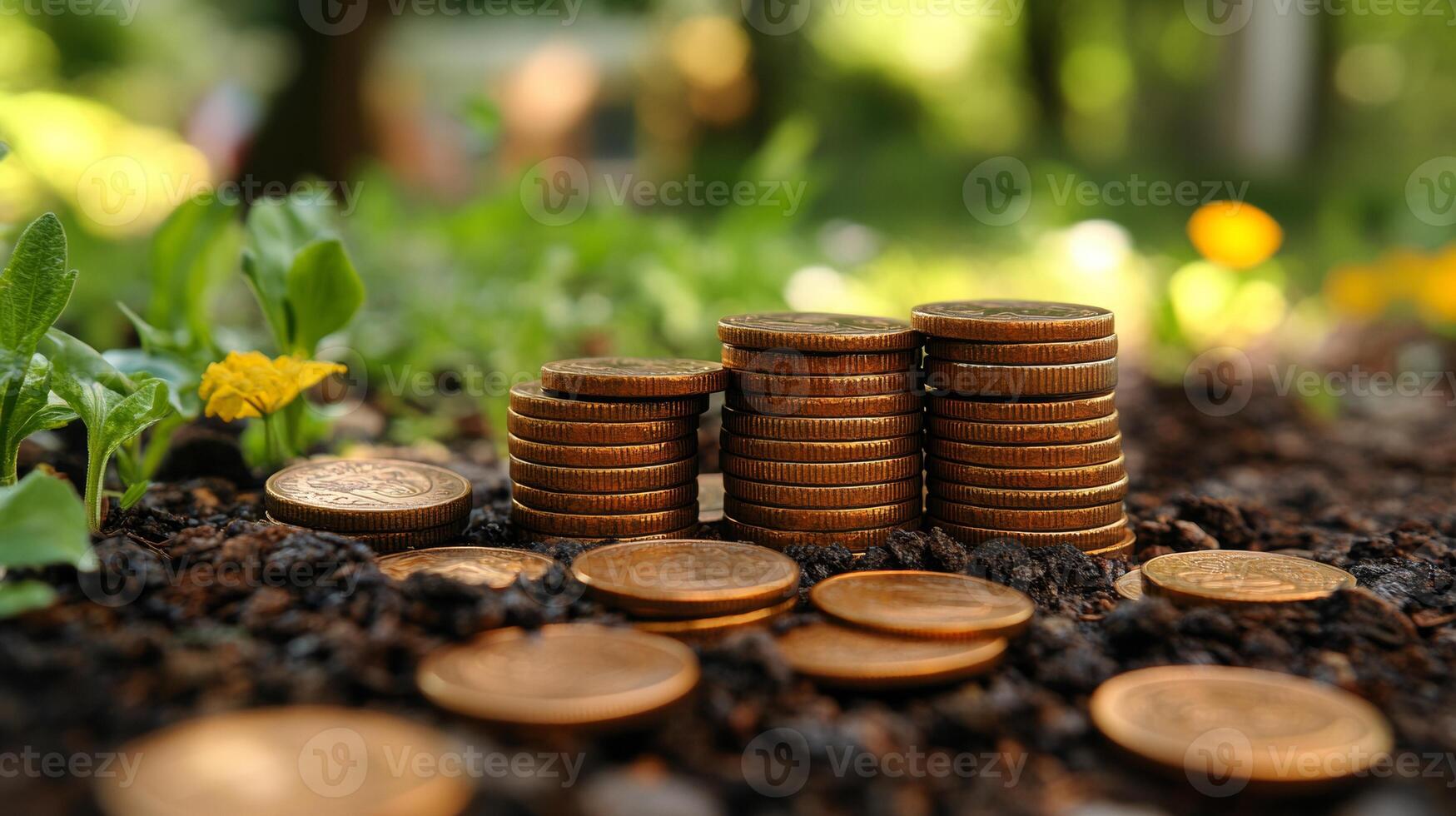 Growing Wealth, Coins Stacked in Soil, Symbolizing Financial Growth and Investment photo