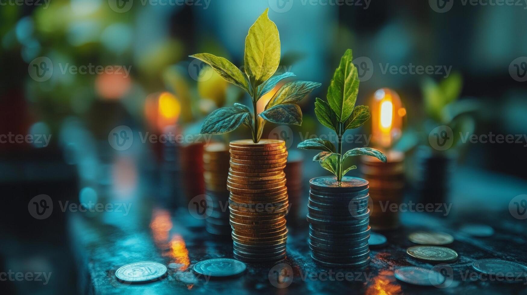 Financial Growth and Investment Concept, Saplings Growing from Stacks of Coins photo
