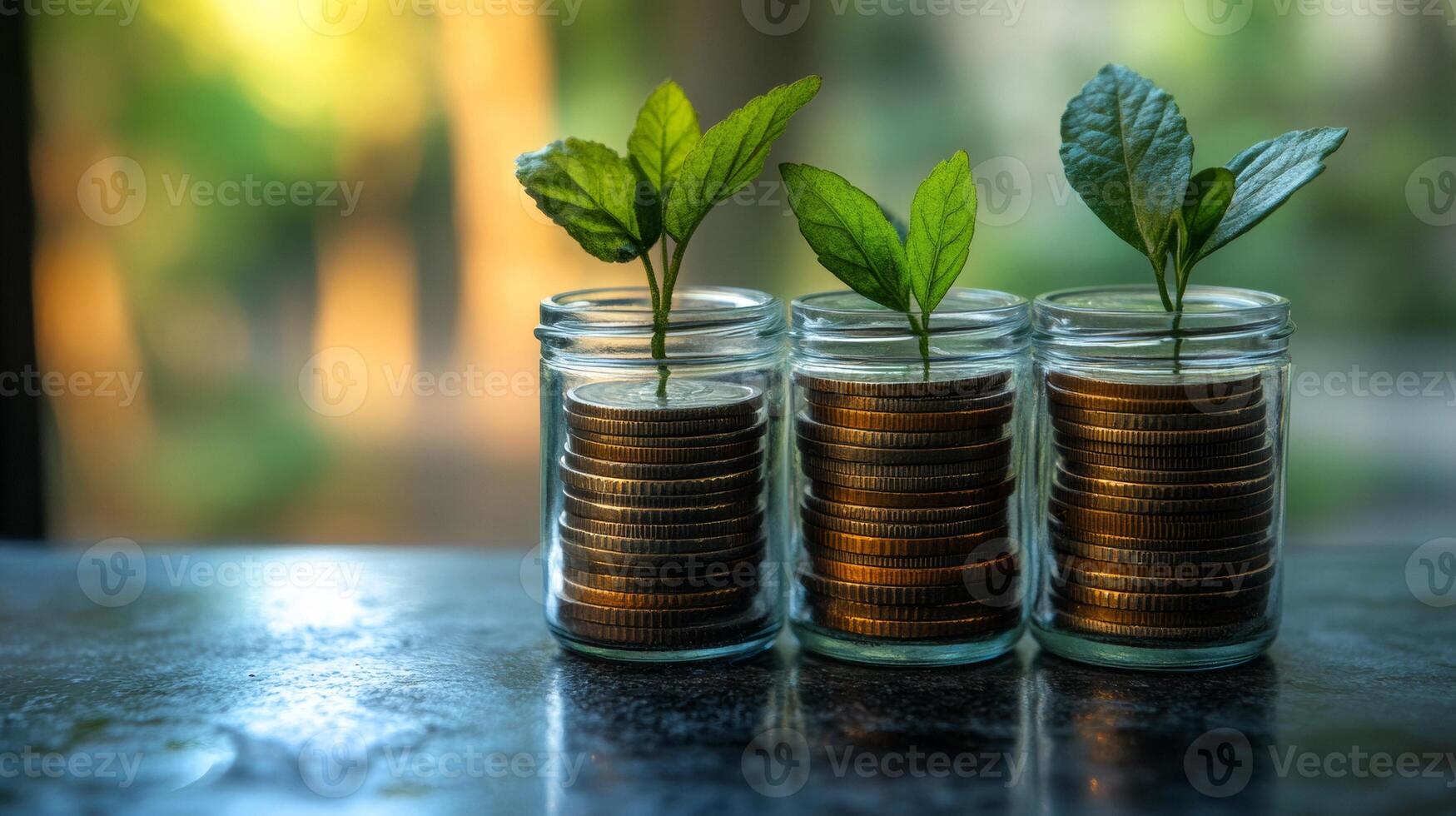 Growth, Investment, and Financial Prosperity, Three plants sprouting from stacks of coins in glass jars symbolize financial growth, investment, and the potential for wealth. photo