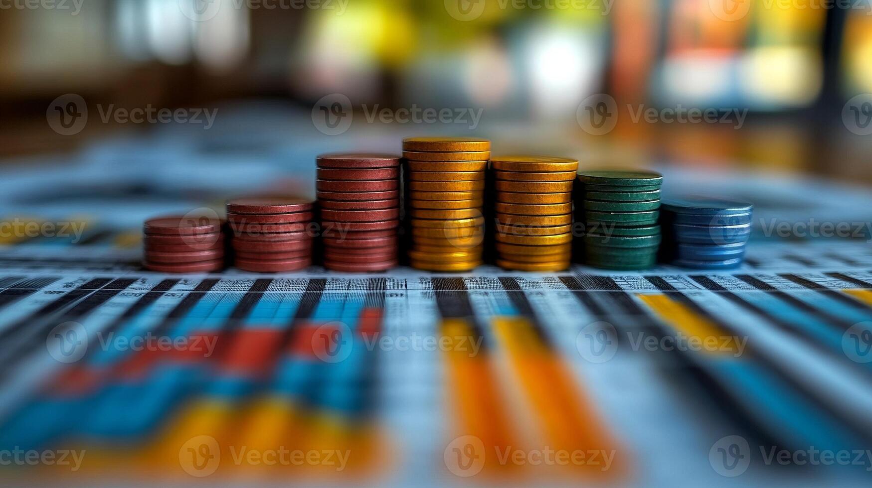 Financial Growth and Investmen, Colorful Coin Stacks on Financial Report photo
