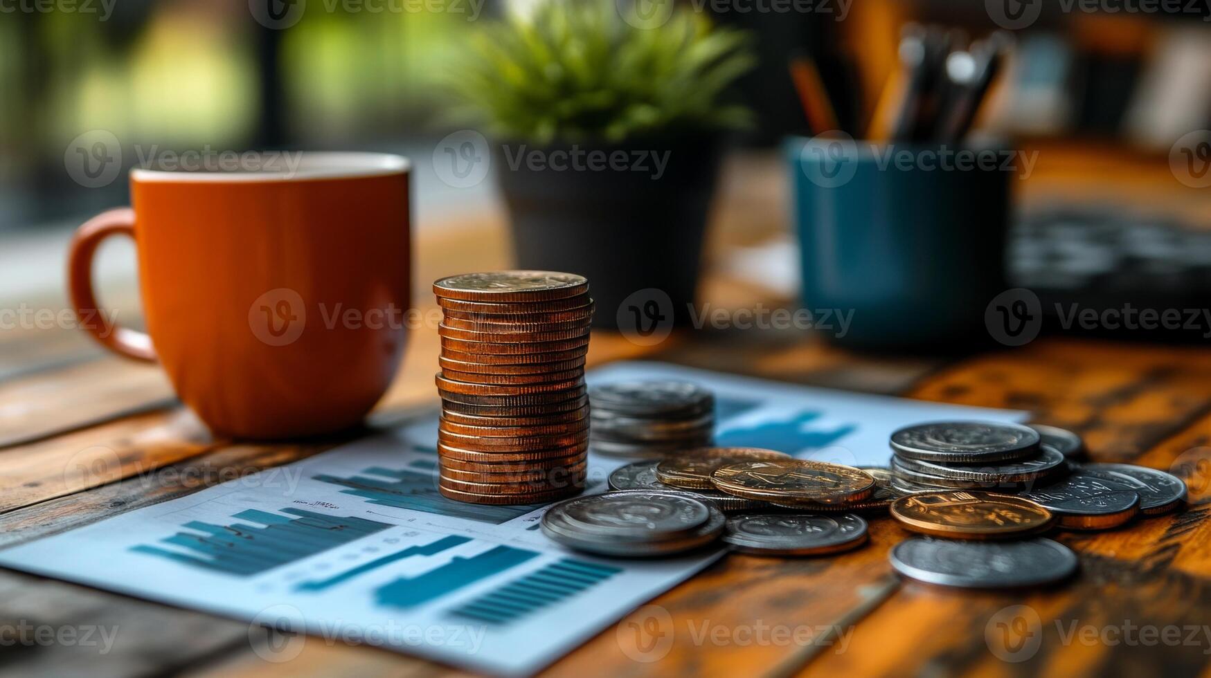 Financial Report Analysis, Coins Stacked on a Graph photo