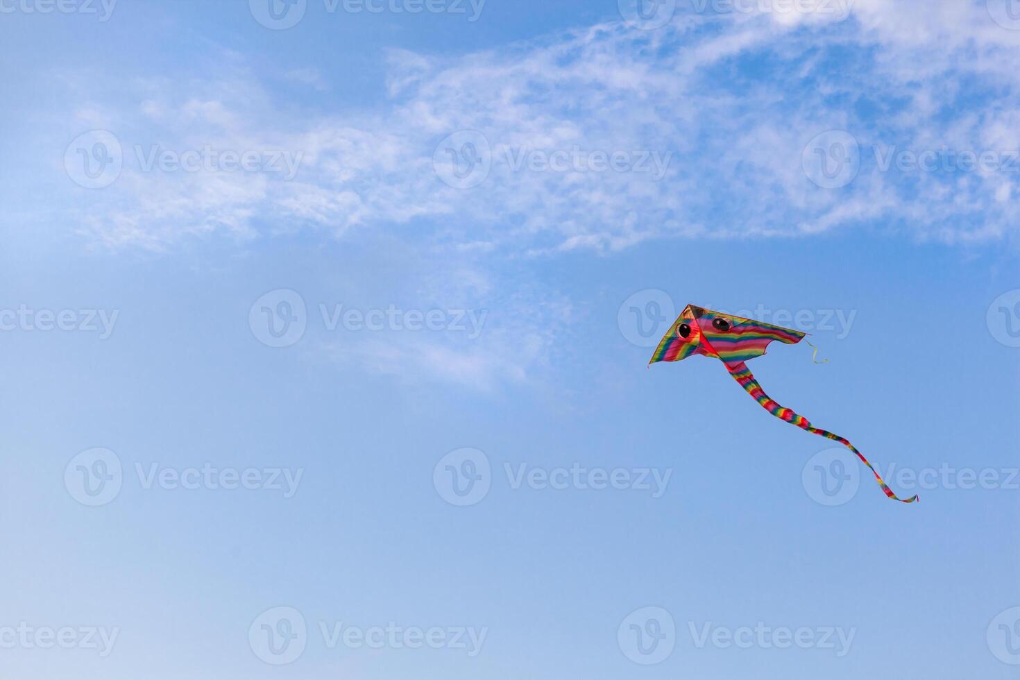 Rainbow kite flying in the blue sky photo