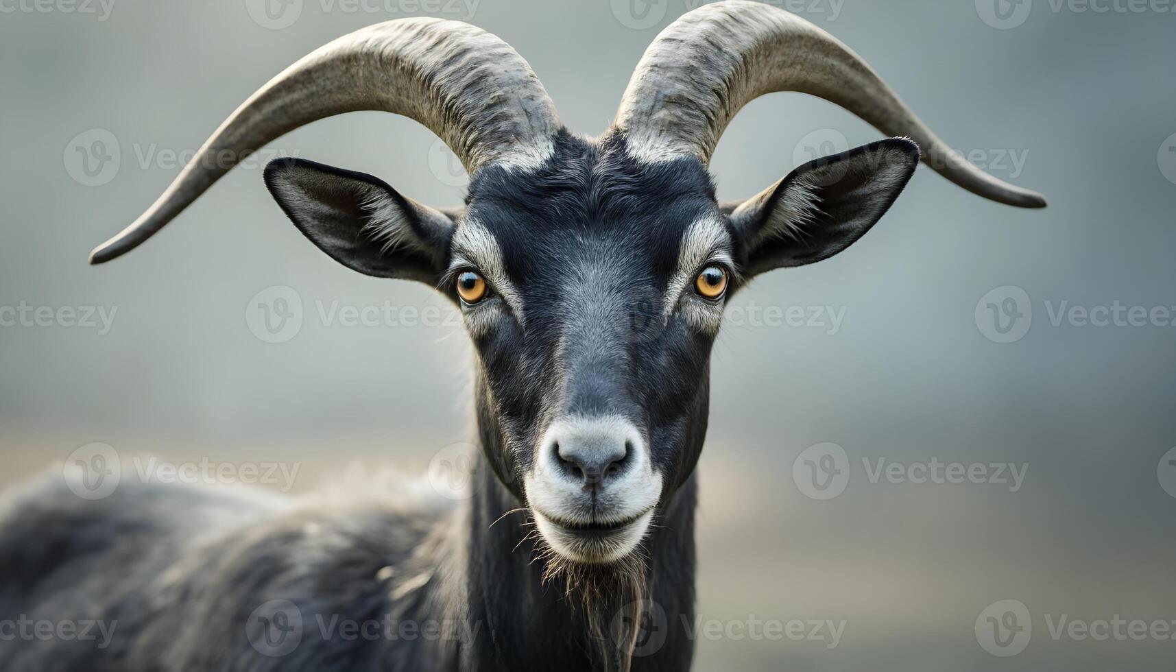 close-up of a black goat with large , curved horns photo