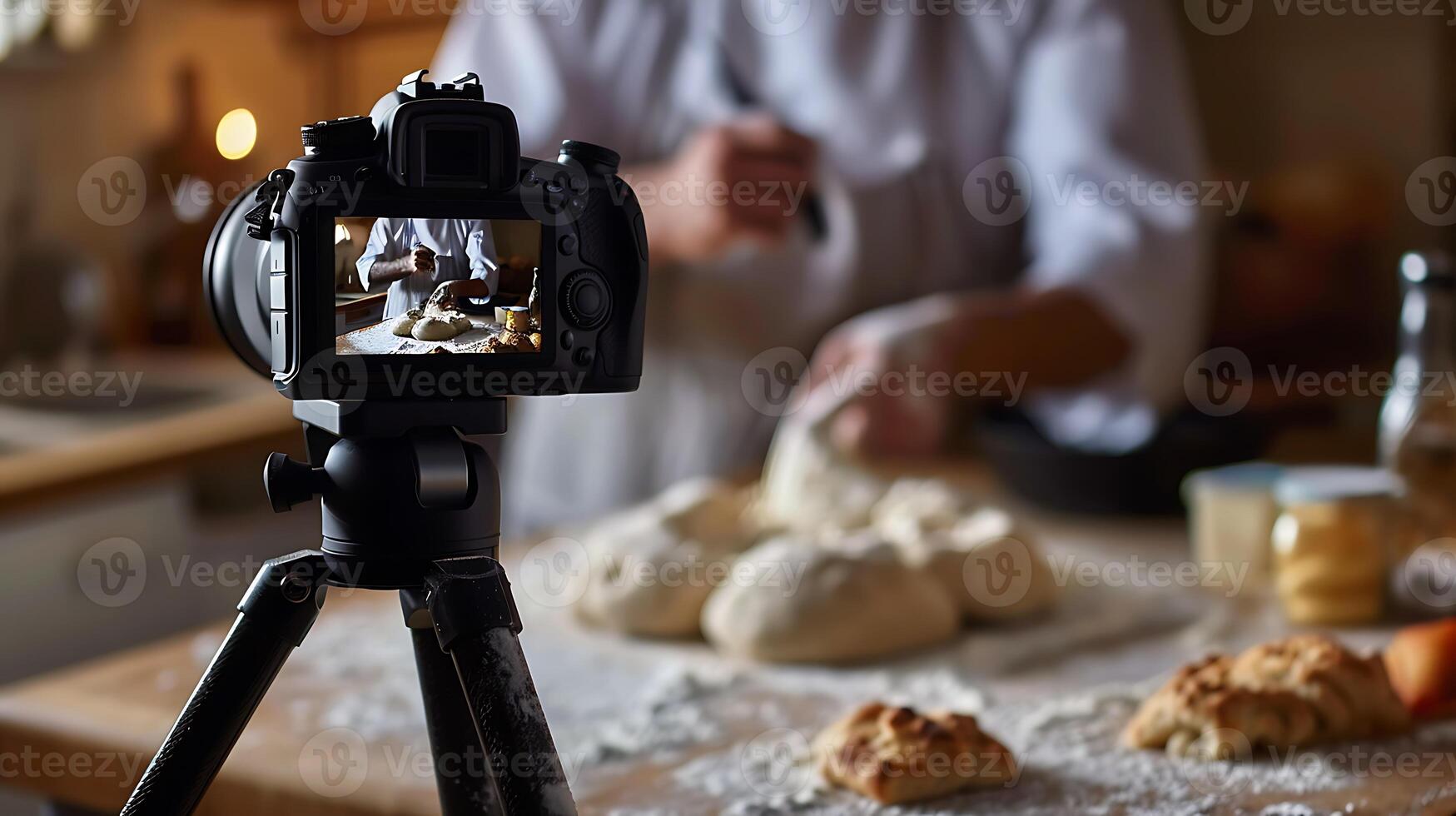 A person is taking a photo of a person making bread