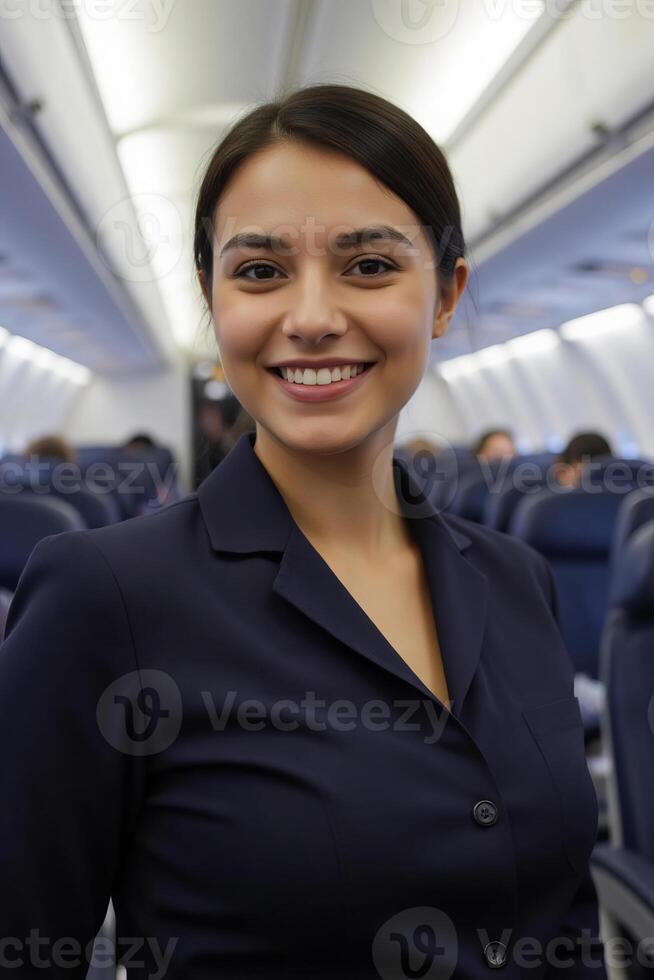 A hispanic woman, 24 years old, black hair, smiling, wearing a blue suit inside of an airplane with other passengers in the background photo
