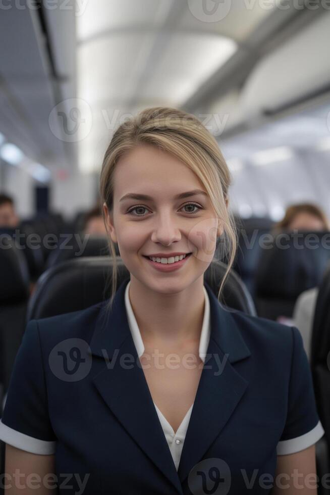 A caucasian woman, 24 years old, blonde hair, smiling in a airplane wearing a blue suit, the background is the airplane seats photo