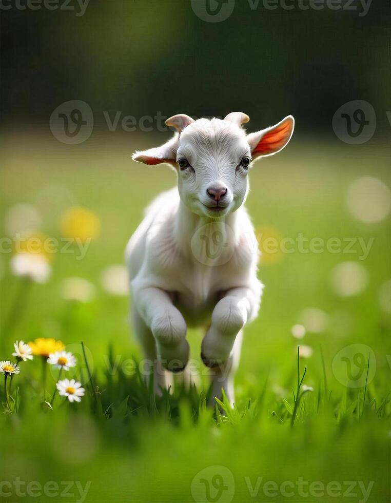 A baby goat running in a green field with daisies and dandelions, sunny day, happy, cute, adorable, detailed, smooth, soft photo