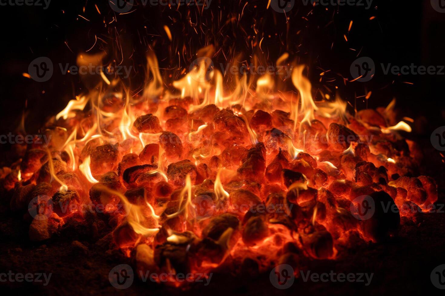 Burning charcoal embers with bright orange flames and sparks, set against a dark, shadowy background photo