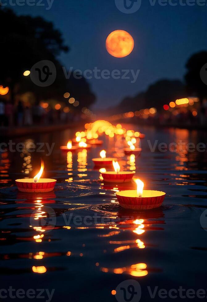 Many candles floating on a river at night, a full moon in the background, lights on the shore, dark blue sky photo