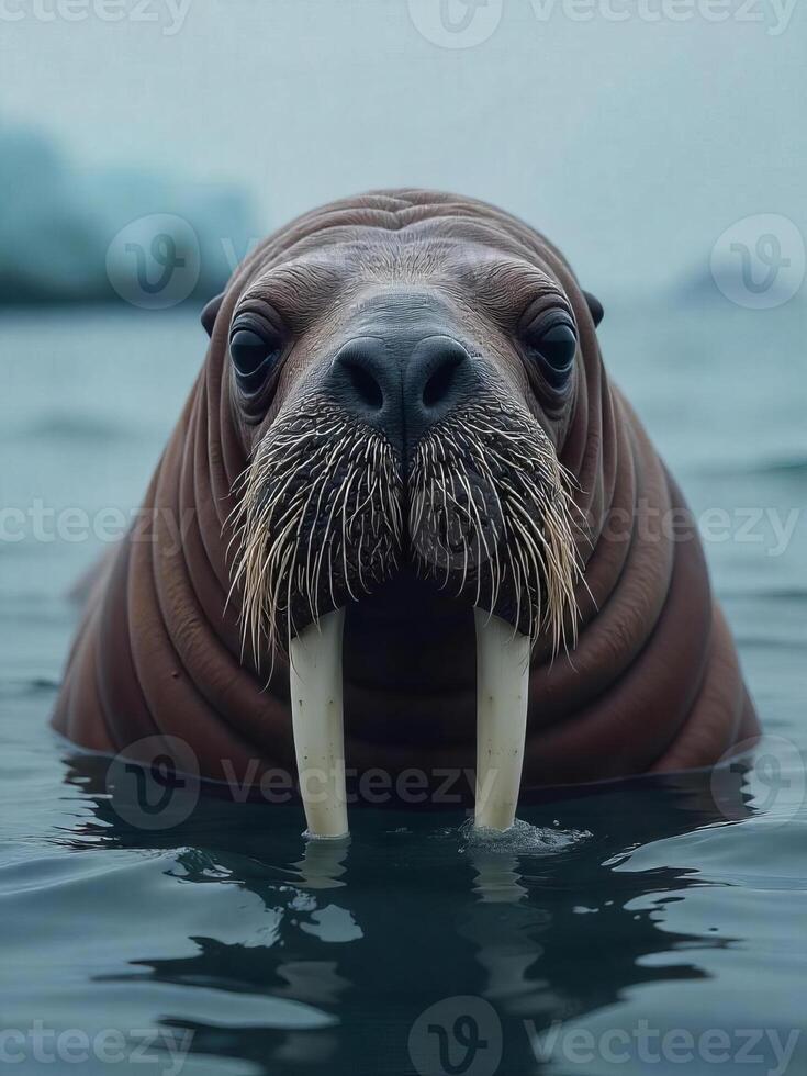A walrus with long tusks in the water, the background shows a blurred landscape with icebergs and a cold atmosphere photo